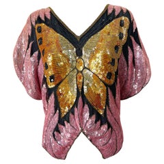 Amazing 1980s Butterfly Disco Sequin Silk Studio 54 Pink + Gold Vintage 80s Top