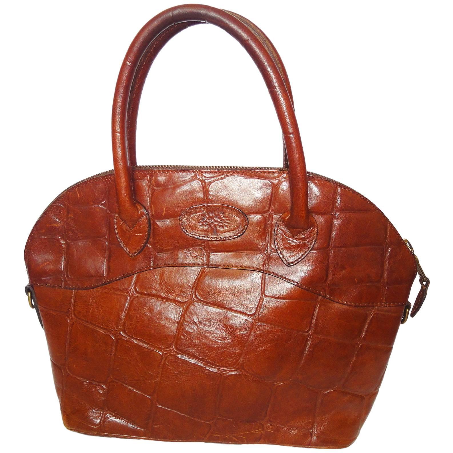 Vintage Mulberry croc embossed brown leather tote bag in bolide bag style.