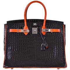Hermes 35cm Birkin Bag 2 Tone Black & Orange Porosus with Paladium JaneFinds
