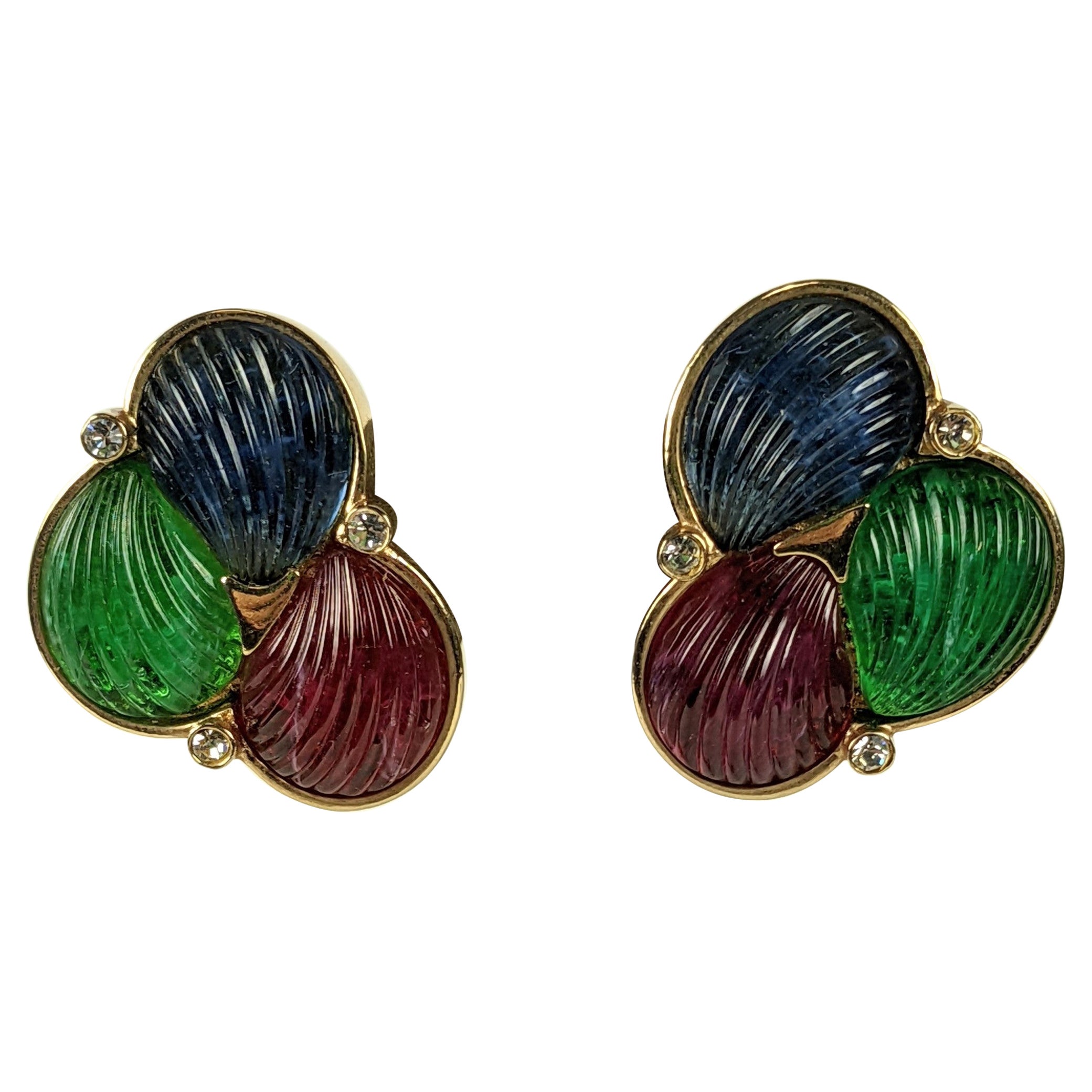  Carved Glass Fruit Salad Tri Color Shell Earclips For Sale