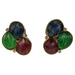  Carved Glass Fruit Salad Tri Color Shell Earclips