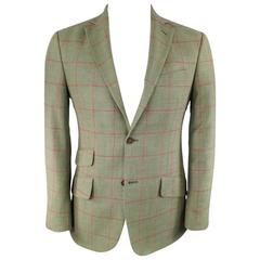 Used HACKETT LONDON Men's 40 Regular Green & Red Window Pane Wool Blend Sport Coat