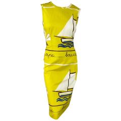 PRADA Size 10 Yellow Cotton Sail Boat Printed Dress
