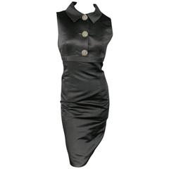BARBARA TFANK Size 8 Black Silk Satin Collar Rhinestone Button Cocktail Dress