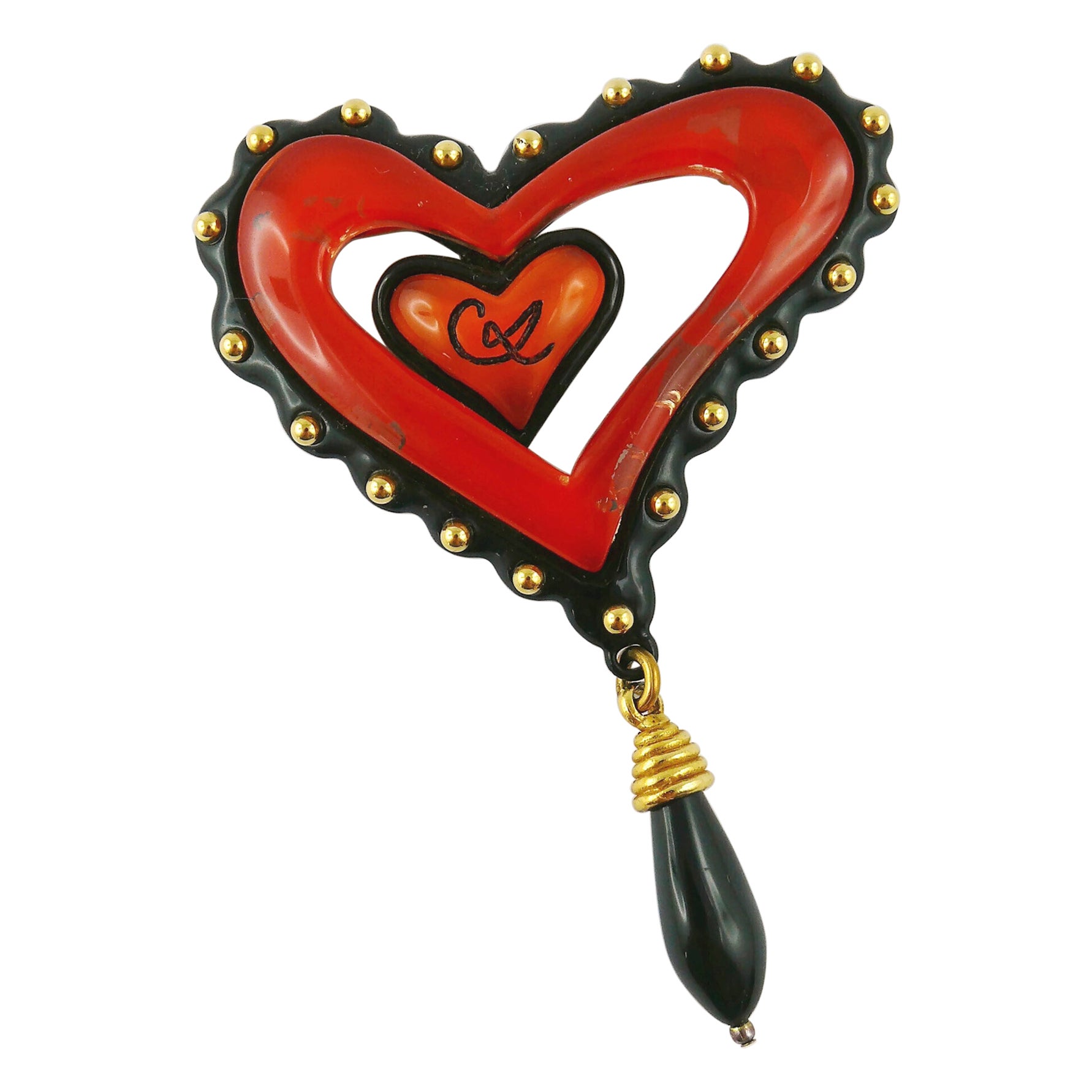 Christian Lacroix Vintage Double Heart Resin Brooch