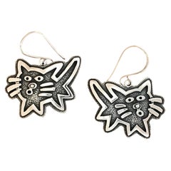Kitty earrings, cast sterling silver Melanie Yazzie dangle cats contemporary