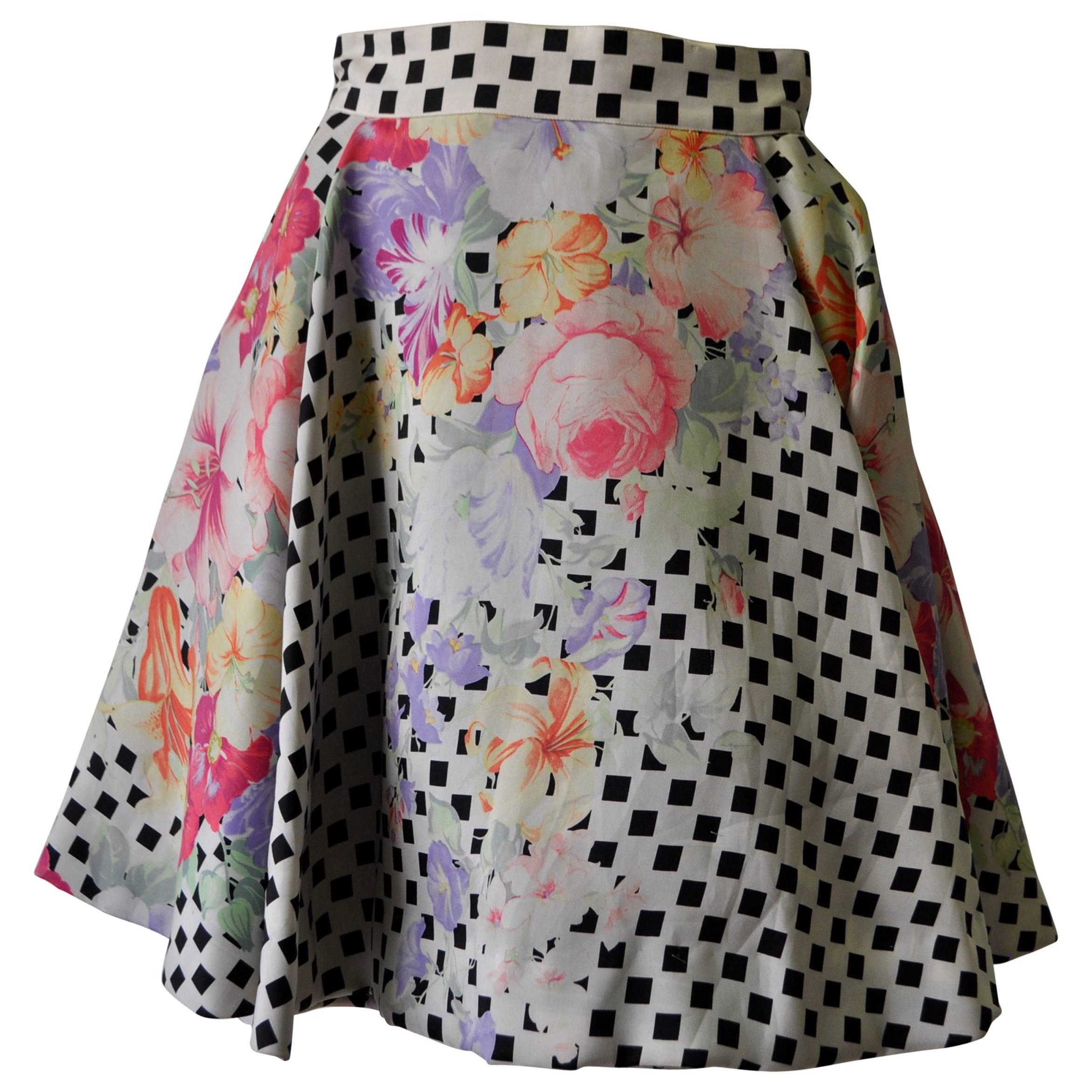 Extremely Rare Gianni Versace Couture Floral Check Print Silk Flare Skirt For Sale