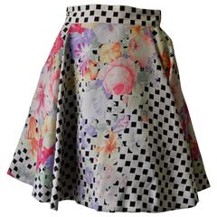 Extremely Rare Gianni Versace Couture Floral Check Print Silk Flare Skirt