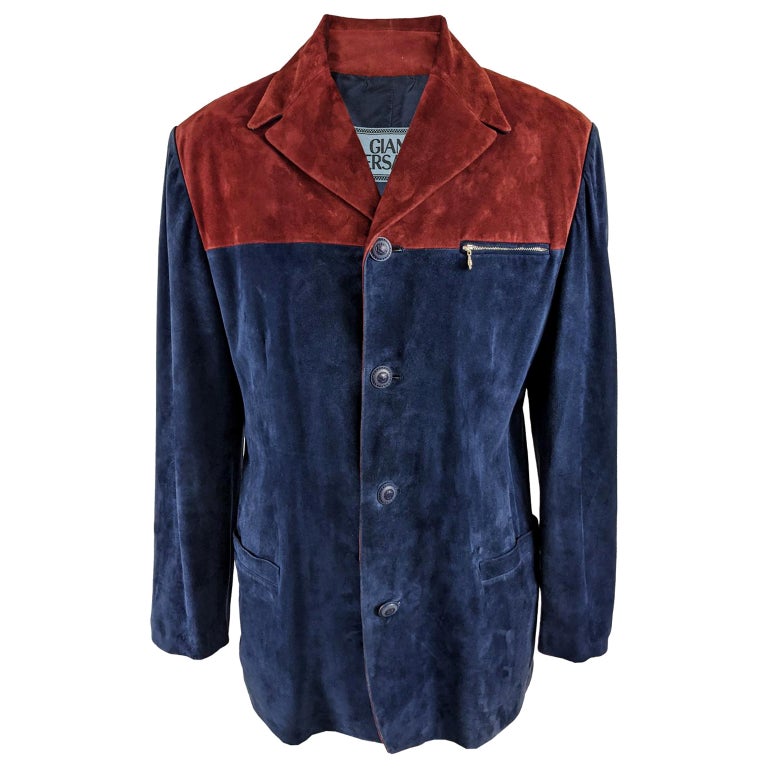 Gianni Versace Vintage Mens Red & Blue Suede Color Block Coat Jacket, A/W 1997 For Sale