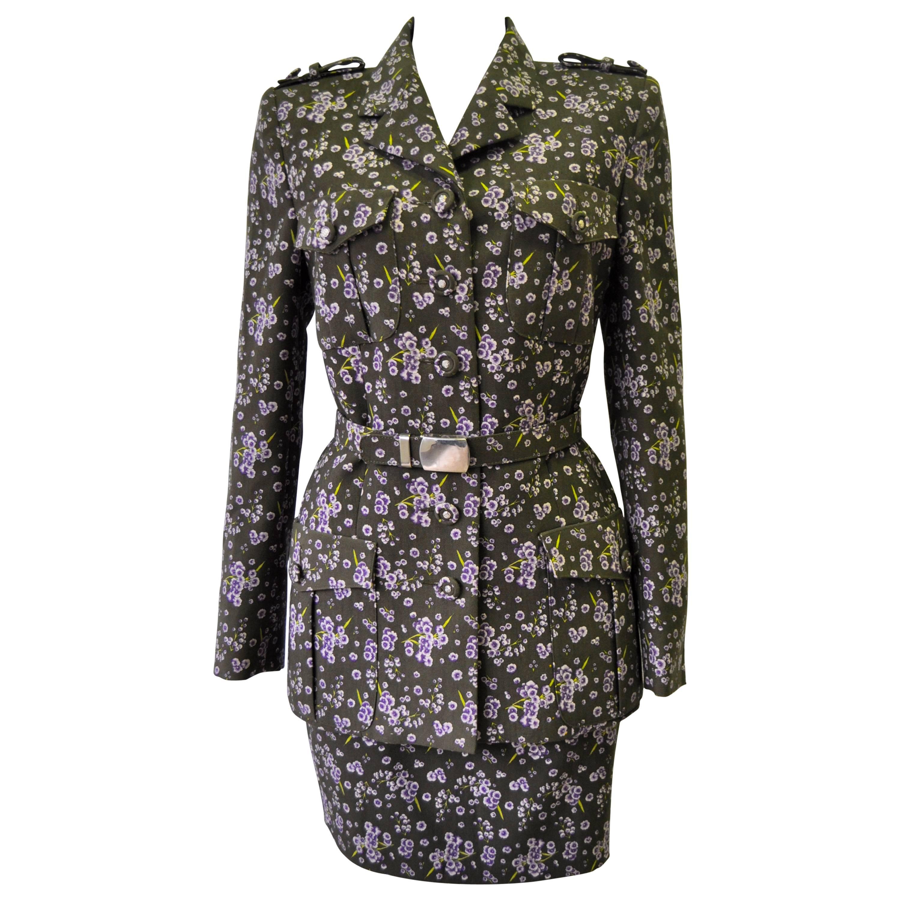 Gianni Versace Istante Floral Militaire Mini Skirt Suit For Sale