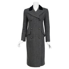 Vintage 1970 Christian Dior Haute Couture Grey Striped Wool Double Breasted Coat