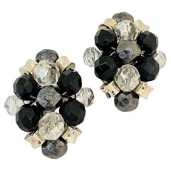 Vintage FRANCOISE MONTAGUE silver black crystal designer runway clip on earrings