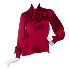 80s Yves Saint Laurent Rice Gauche Red Silk Bow Blouse 11