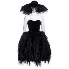 Used Chantal Thomass black ostrich feather corset, skirt and hat ensemble, fw 1991