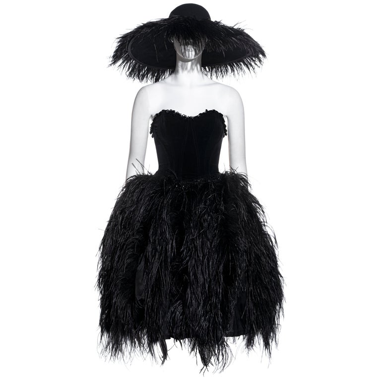 Chantal Thomass black ostrich feather corset, skirt and hat ensemble, fw  1991 For Sale at 1stDibs | black feather corset, black corset with  feathers, feather corset dress