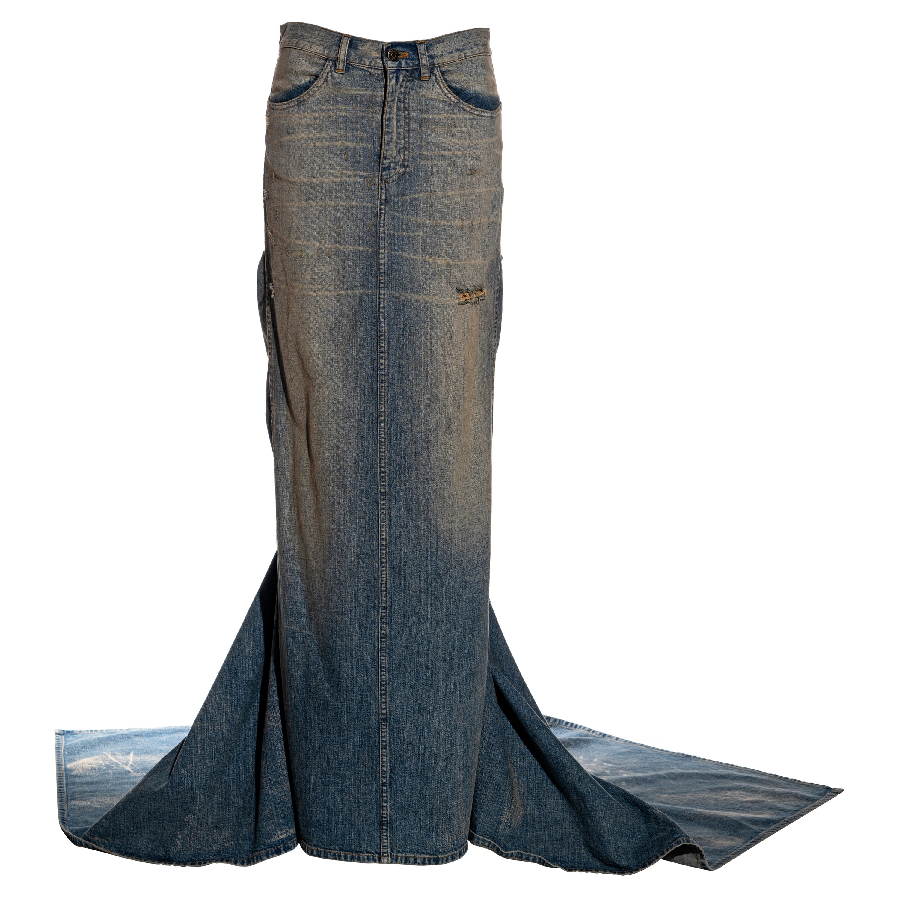 Ralph Lauren distressed denim floor-length bustle skirt with train, ss 2003