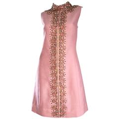 1960s Pink Silk Beaded + Rhinestone + Sequin Vintage 60s A - Line Jeweled Dress