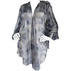 Vintage Bill Blass Taglia 14 Giacca kimono in chiffon di seta grigio con stampa di rose
