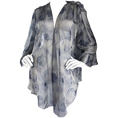 Retro Bill Blass Size 14 Gray Silk Chiffon Beautiful Rose Print Kimono Jacket 