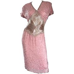 Gorgeous Vintage Oleg Cassini Pink + Silver Heavily Beaded Silk Dress 