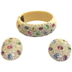 Retro Rare Weiss Rhinestone Clamper Bracelet with Matching Earrings 