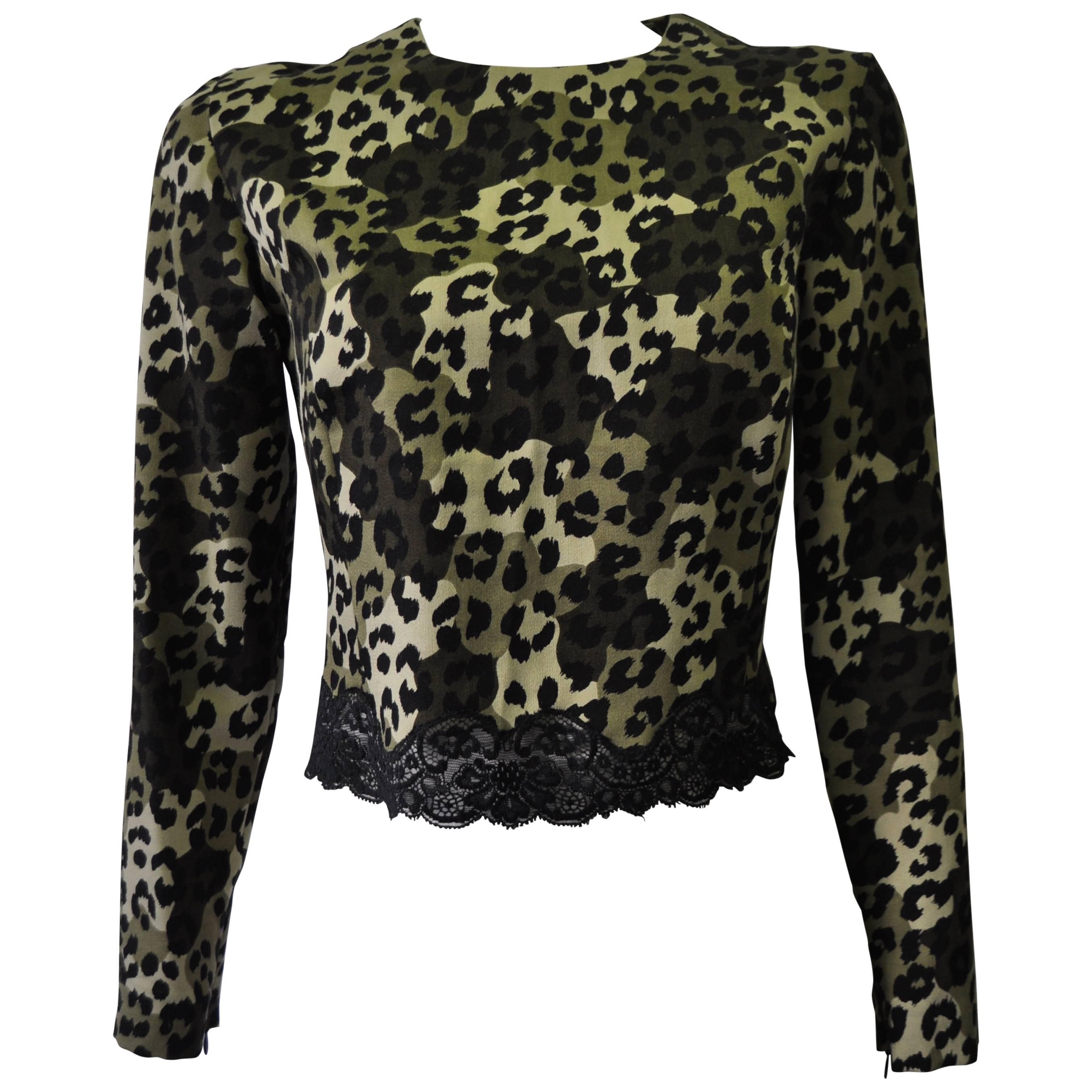 Gianni Versace Istante Leopard Camouflage Printed Lace Trim Top For Sale