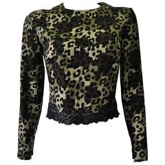 Gianni Versace Istante Leopard Camouflage Printed Lace Trim Top