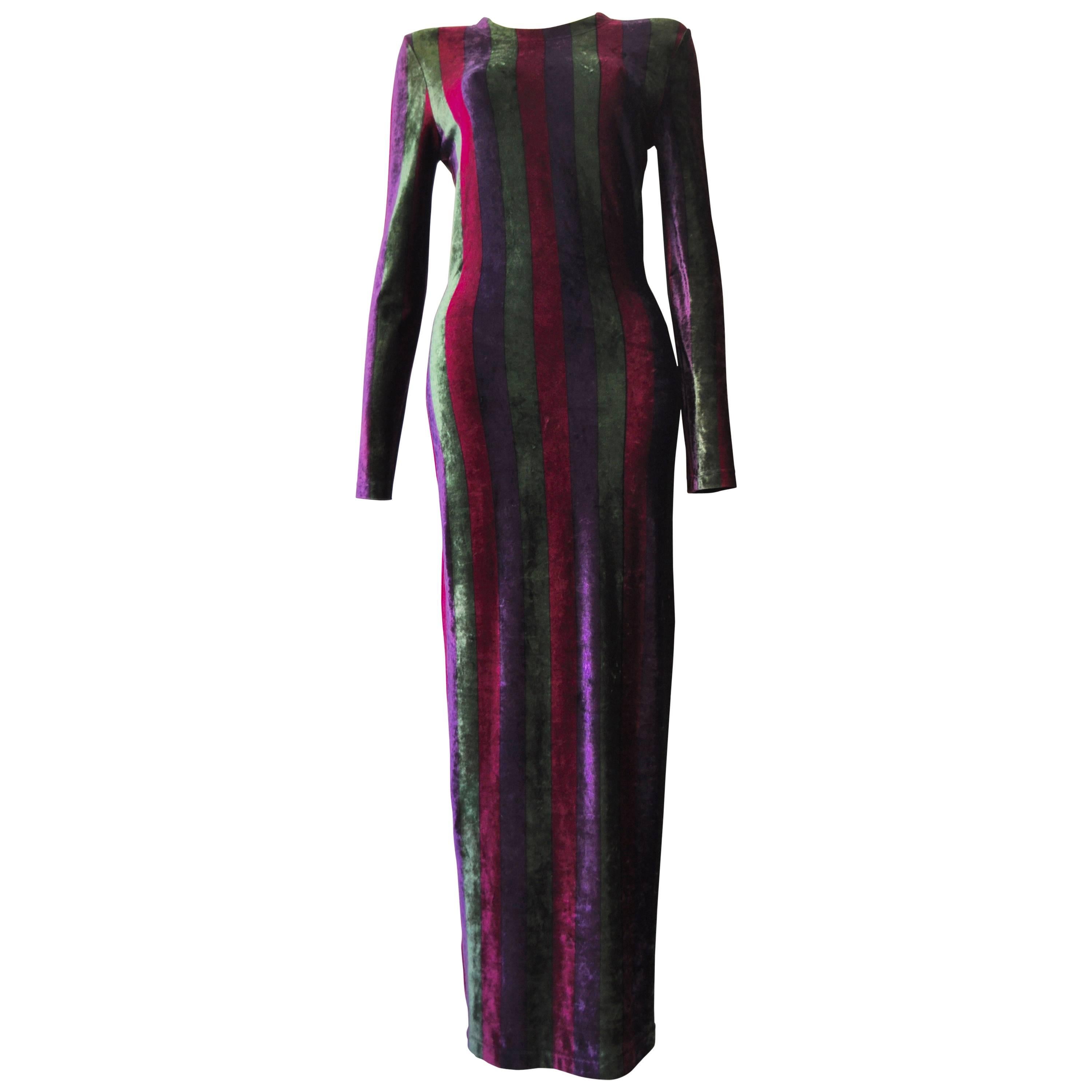 Iconic Gianni Versace Couture Striped Stretch Velvet Maxi Dress For Sale