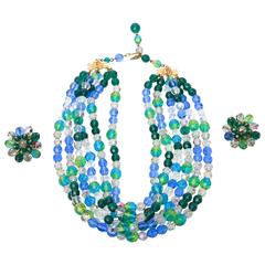 Gorgeous Set of Signed Schiaparelli Glass Bead Necklace and Clip on Earrings 10