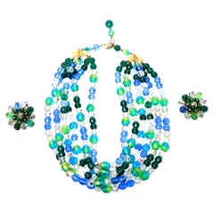 Schiaparelli Vintage Turquoise, Green Glass Strand Necklace & Clip on Earrings