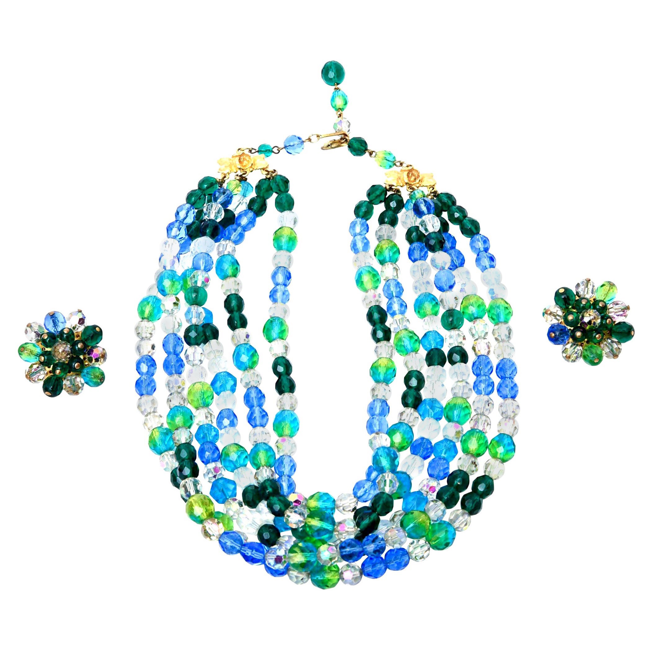 Schiaparelli Vintage Turquoise, Green Glass Strand Necklace & Clip on Earrings