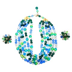 Schiaparelli Vintage Turquoise, Green Glass Strand Necklace & Clip on Earrings