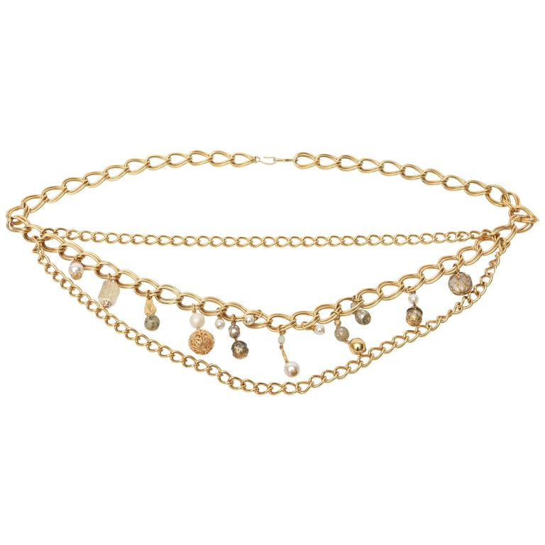 Gold Plated Belt, hanging with Faux pearls For Sale at 1stdibs
