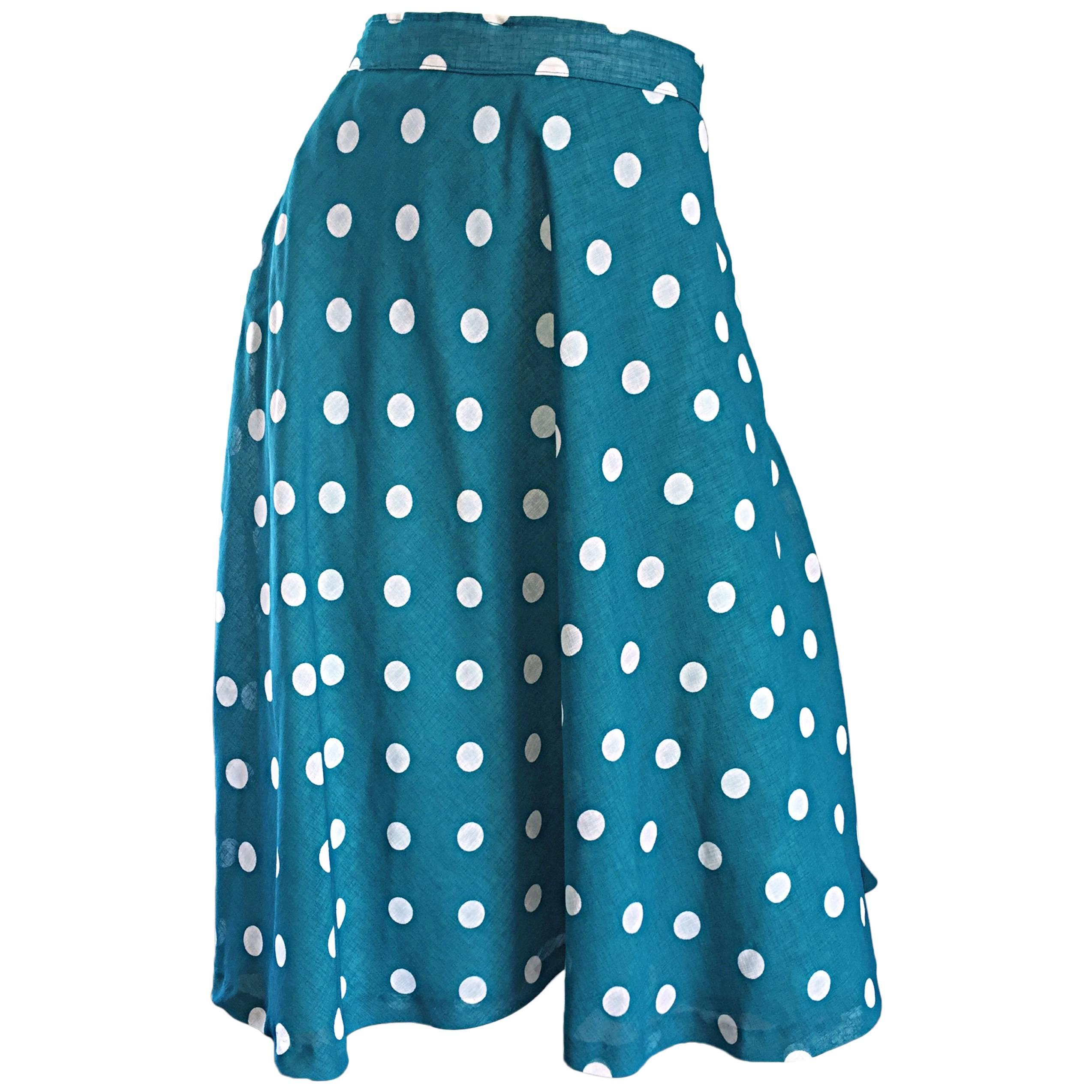 1950s Turquoise Blue + White Polka Dot Full Vintage 50s Cotton Voile Skirt 