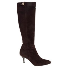 HERMES dark brown suede LOCK Knee High Boots Shoes 38.5
