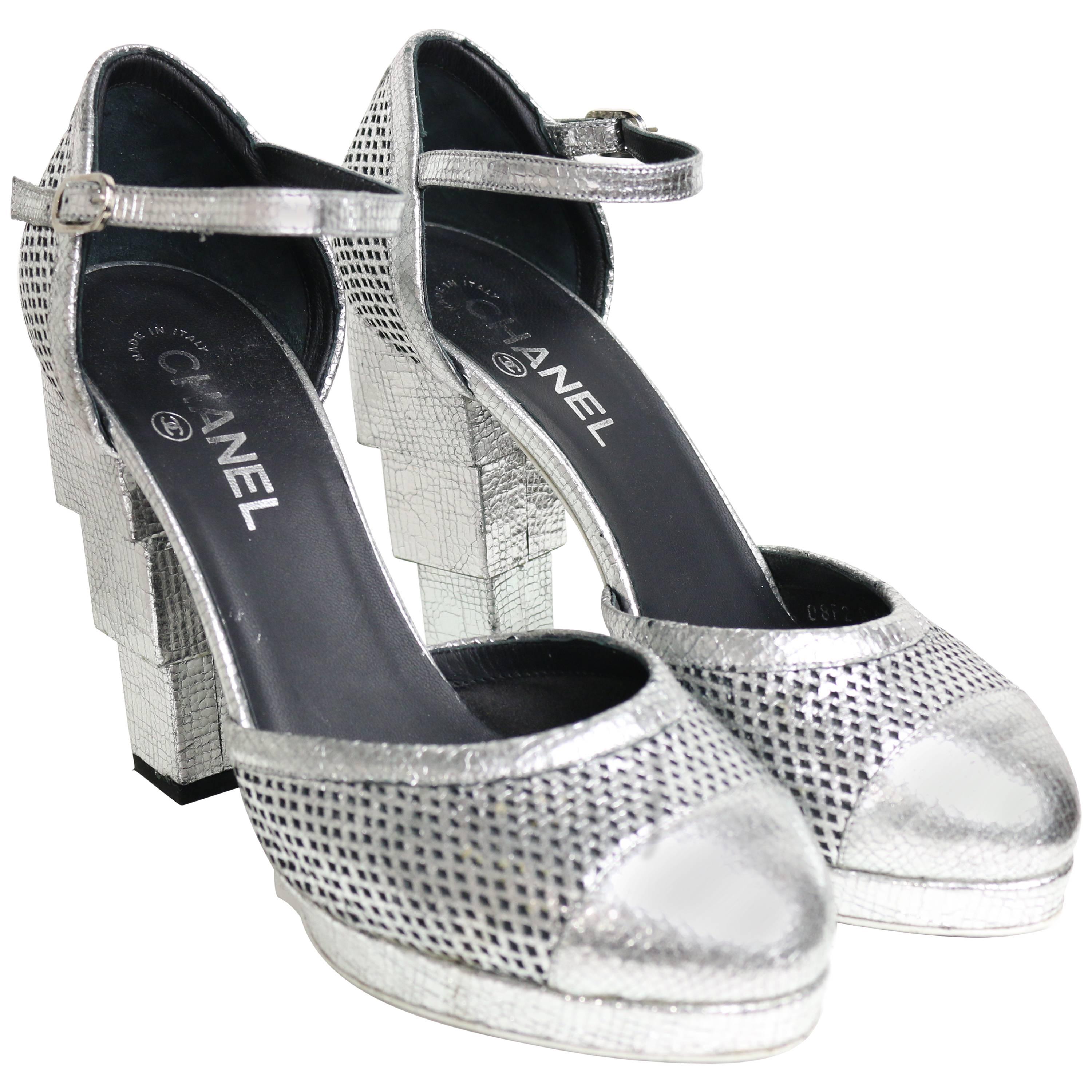 Chanel Silver Metallic D'ORSAY High Heels Pumps