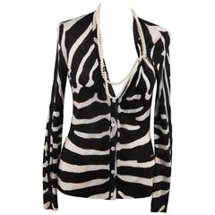 Christian Dior Wool and Silk Zebra Cardigan with Faux Pearl Necklace