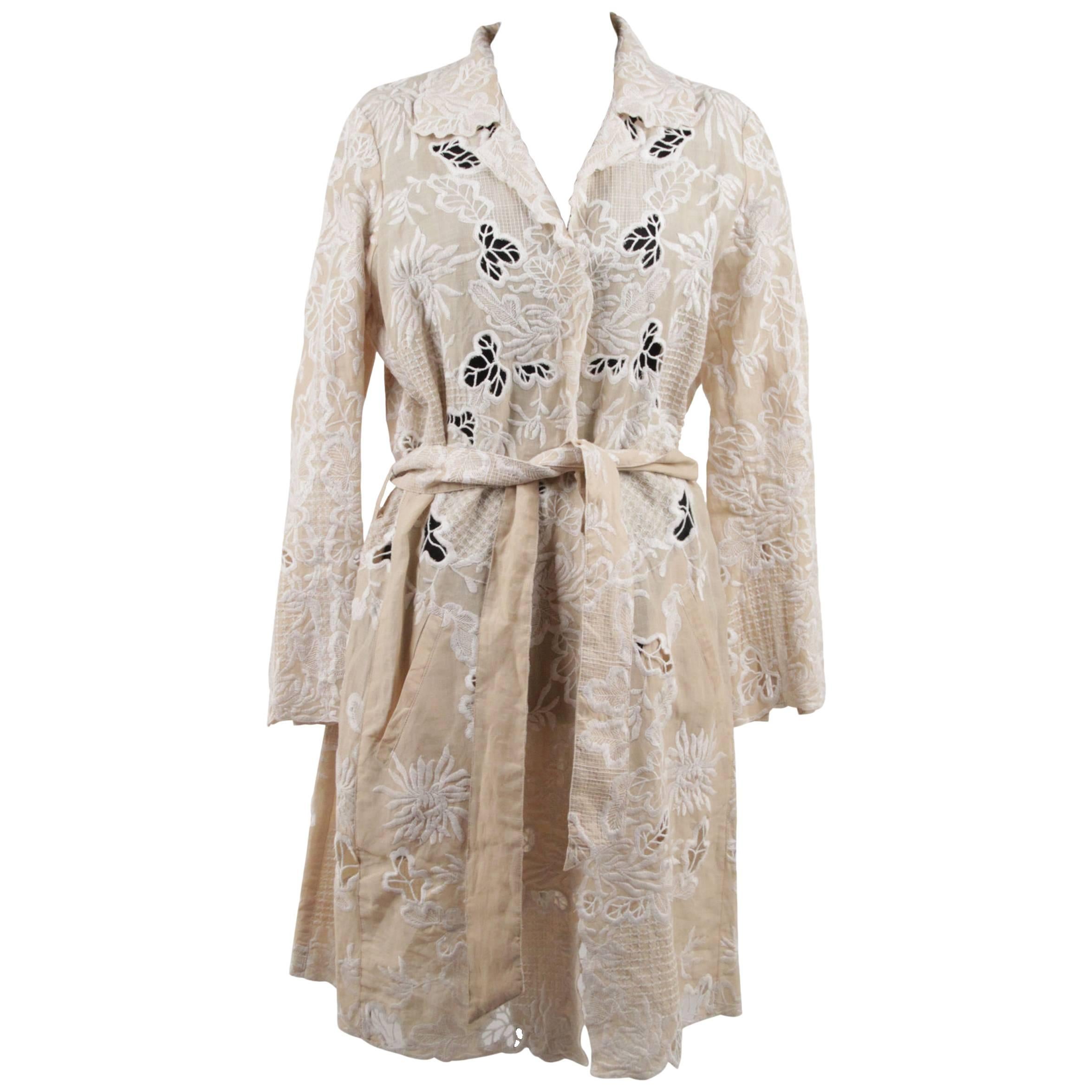 SCERVINO STREET Beige & White EMBROIDERIE Floral TRENCH COAT Size 44