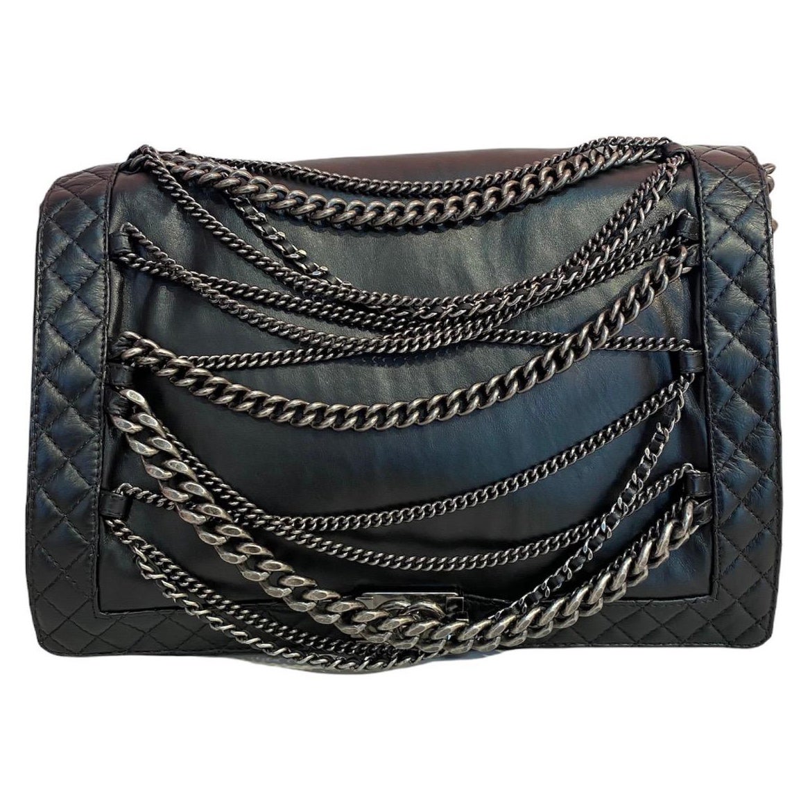 Chanel Balck Leather Boy Multi Chain XL Bag