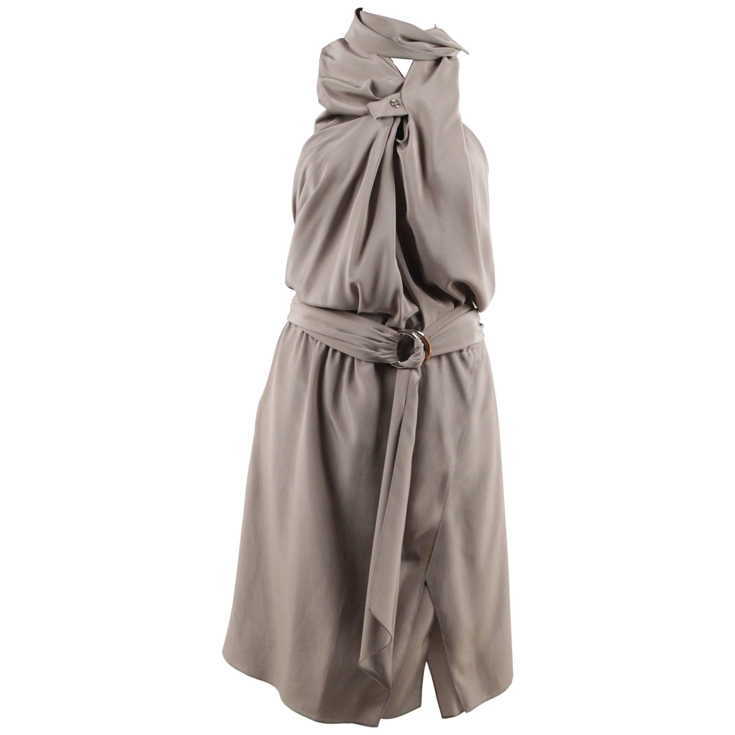 GUCCI Gray Silk HALTERNECK DRESS w/ BELT 
BAMBOO Detail SIZE 42
