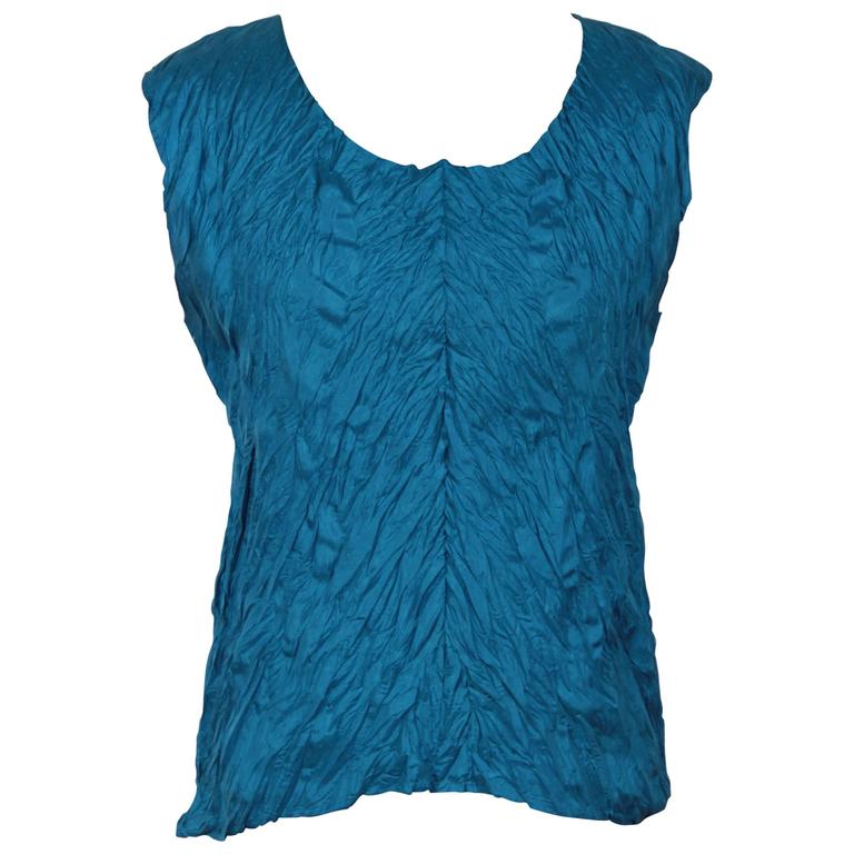 ISSEY MIYAKE Turquoise CRINKLE Poly Fabric SLEEVELESS TOP Vest SIZE M ...