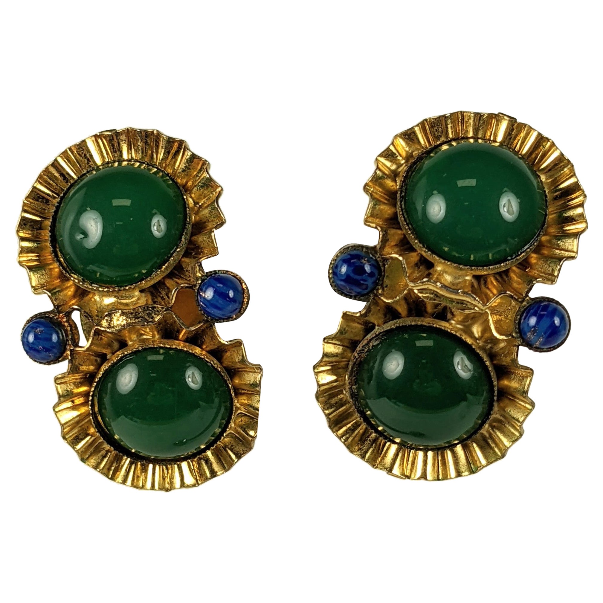 Fluted Gold and Green Cab Earrings For Sale