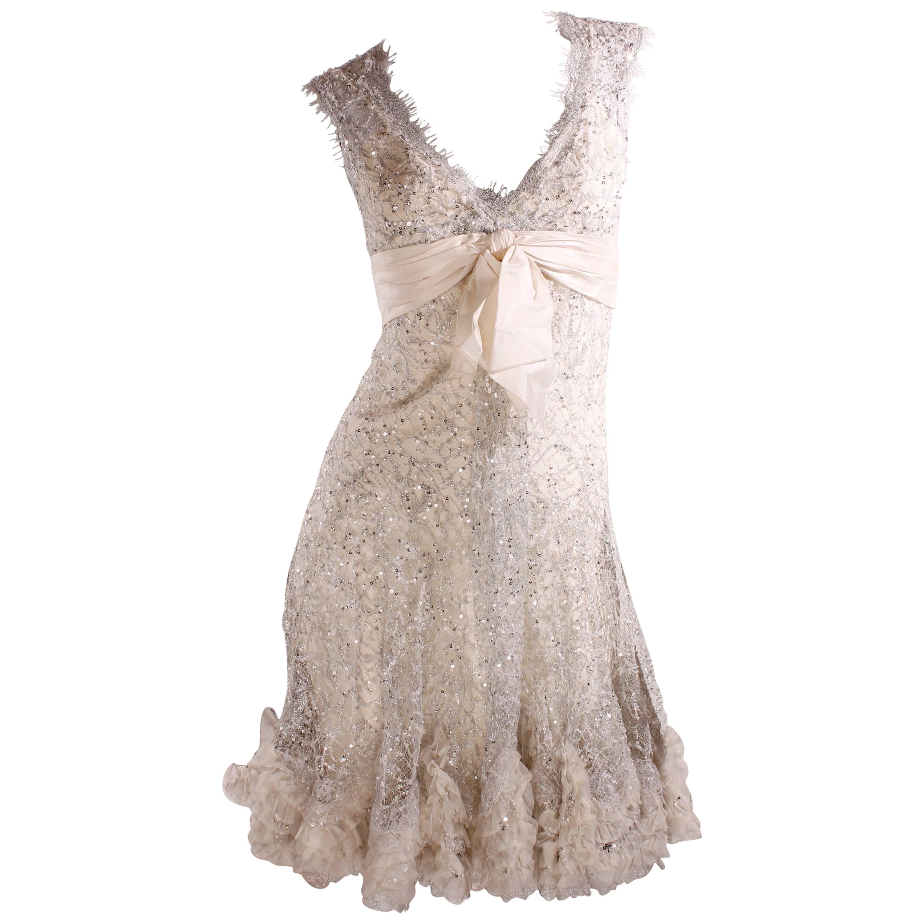 Elie Saab Haute Couture Cocktail Dress - white lace/silver sequins For Sale