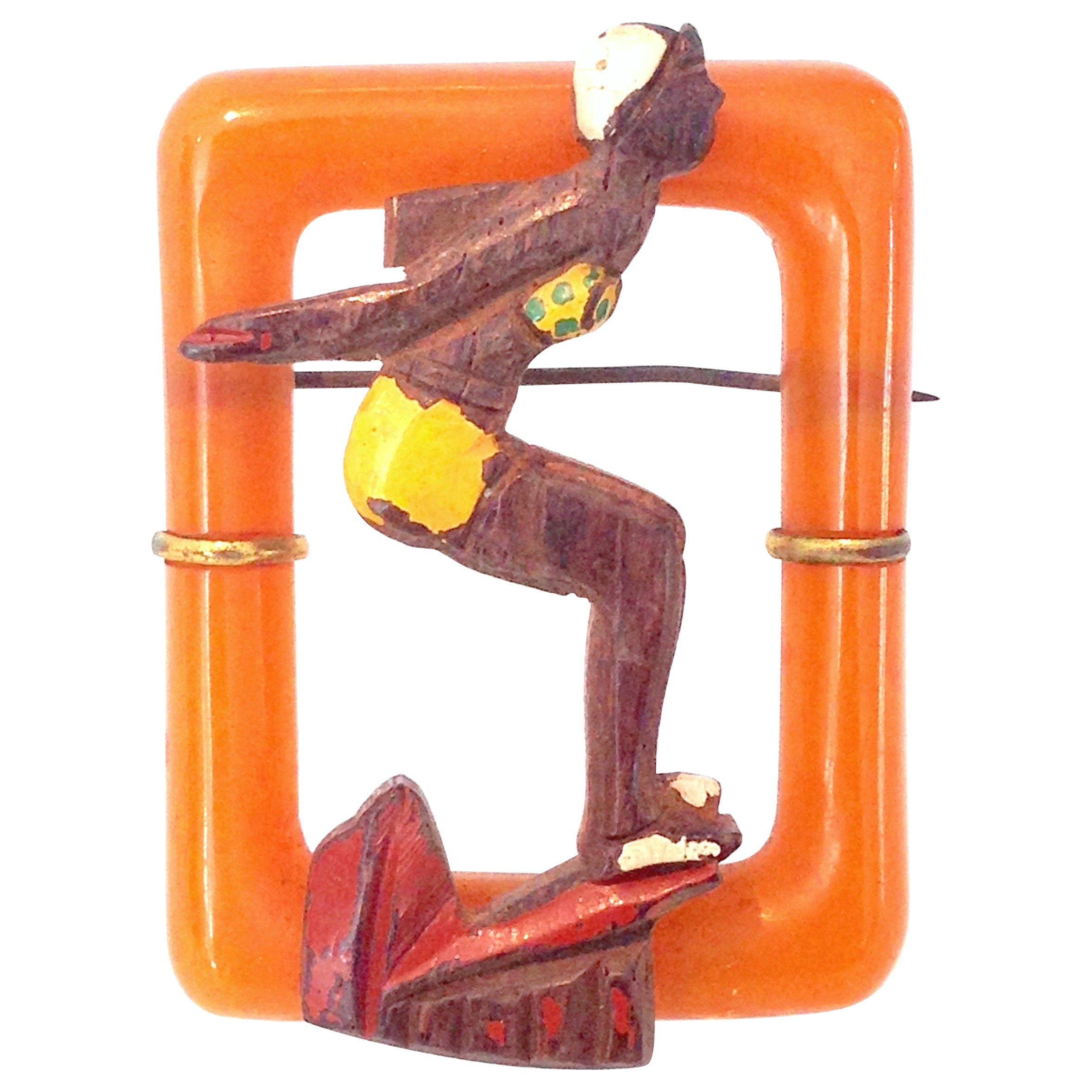 1930'S Art Deco Bakelite & Wood Figural "Diver Girl" Brooch Pin For Sale