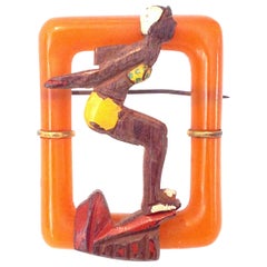 Retro 1930'S Art Deco Bakelite & Wood Figural "Diver Girl" Brooch Pin