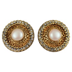 Vintage MOSCHINO Rhinestone Pearl Disc Earrings