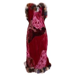 Retro Original Voyage Deep Pink Velvet Patchwork and Dyed Rabbit Fur Strapless Dress