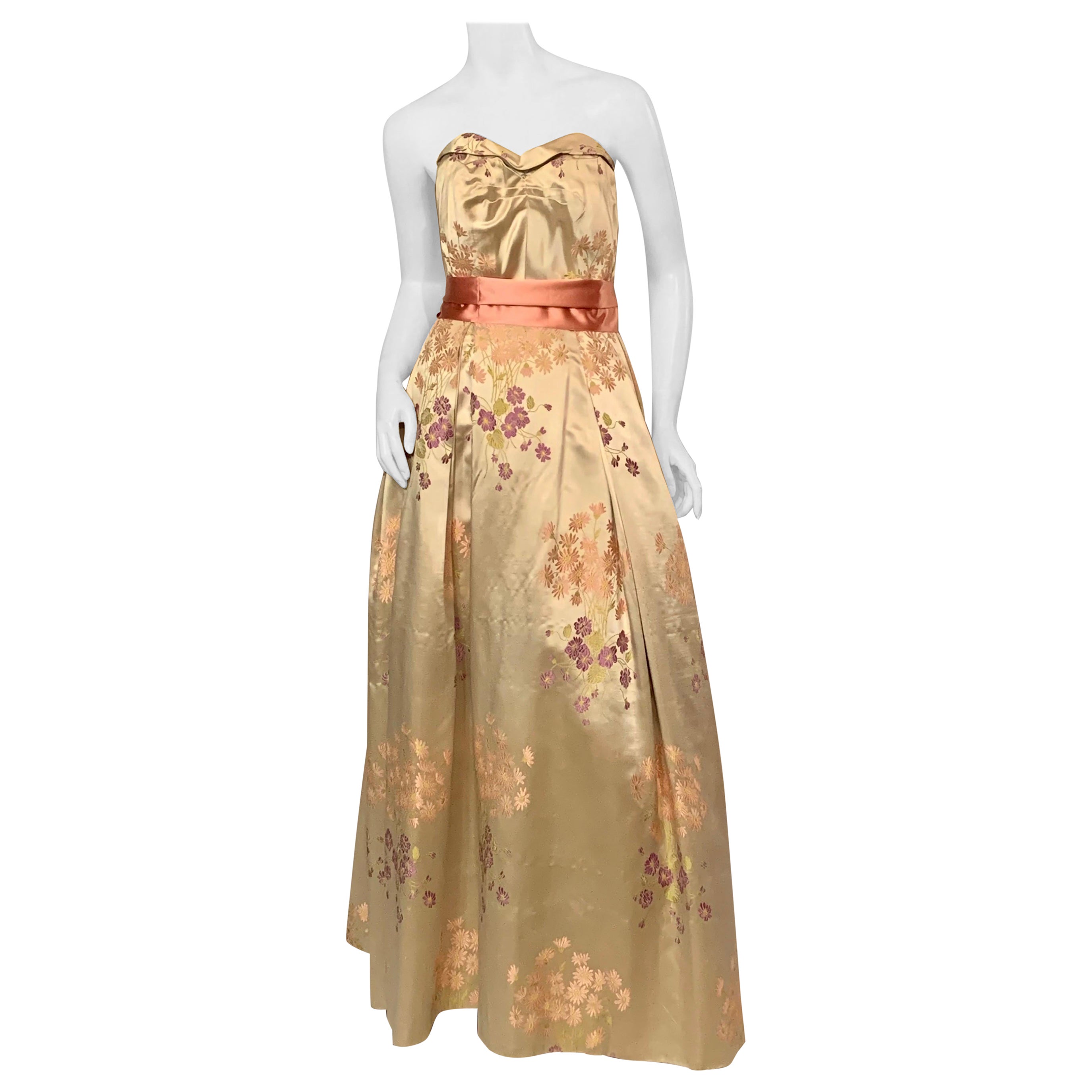 Brunot Souers, Cannes France Woven Floral Silk Satin Evening Gown circa 1950
