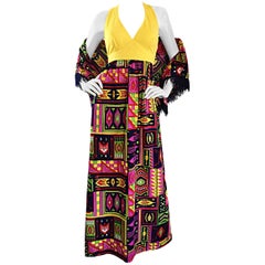 Incredible 1970s Kelly Arden Colorful Yellow Vintage Maxi Dress + Fringed Shawl