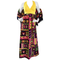 Incredible 1970s Kelly Arden Colorful Yellow Retro Maxi Dress + Fringed Shawl